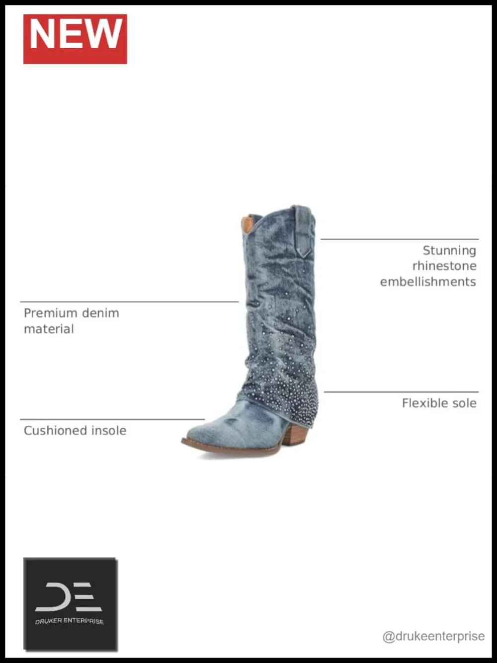 Rhinestone Denim Cowgirl Fold Over Knee High Boots